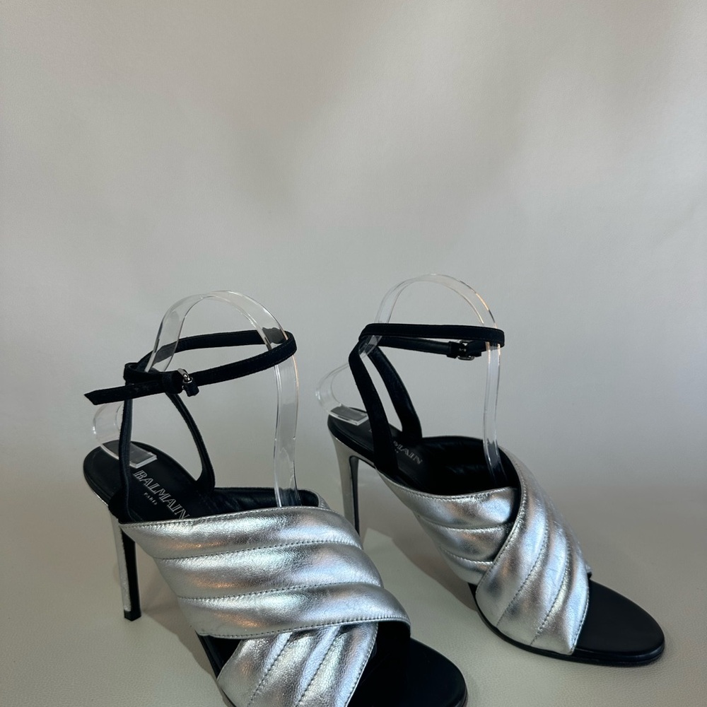 Balmain Metallic Silver and Black Strappy Heels